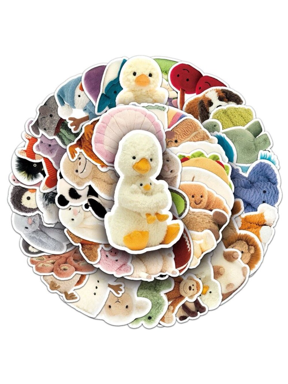 50 PCs Jellycat Style Plush Animal Stickers Cute Duck Bunny Bear Kawaii Decals